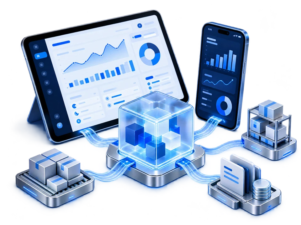 Connected tablet, mobile and inventory software illustration